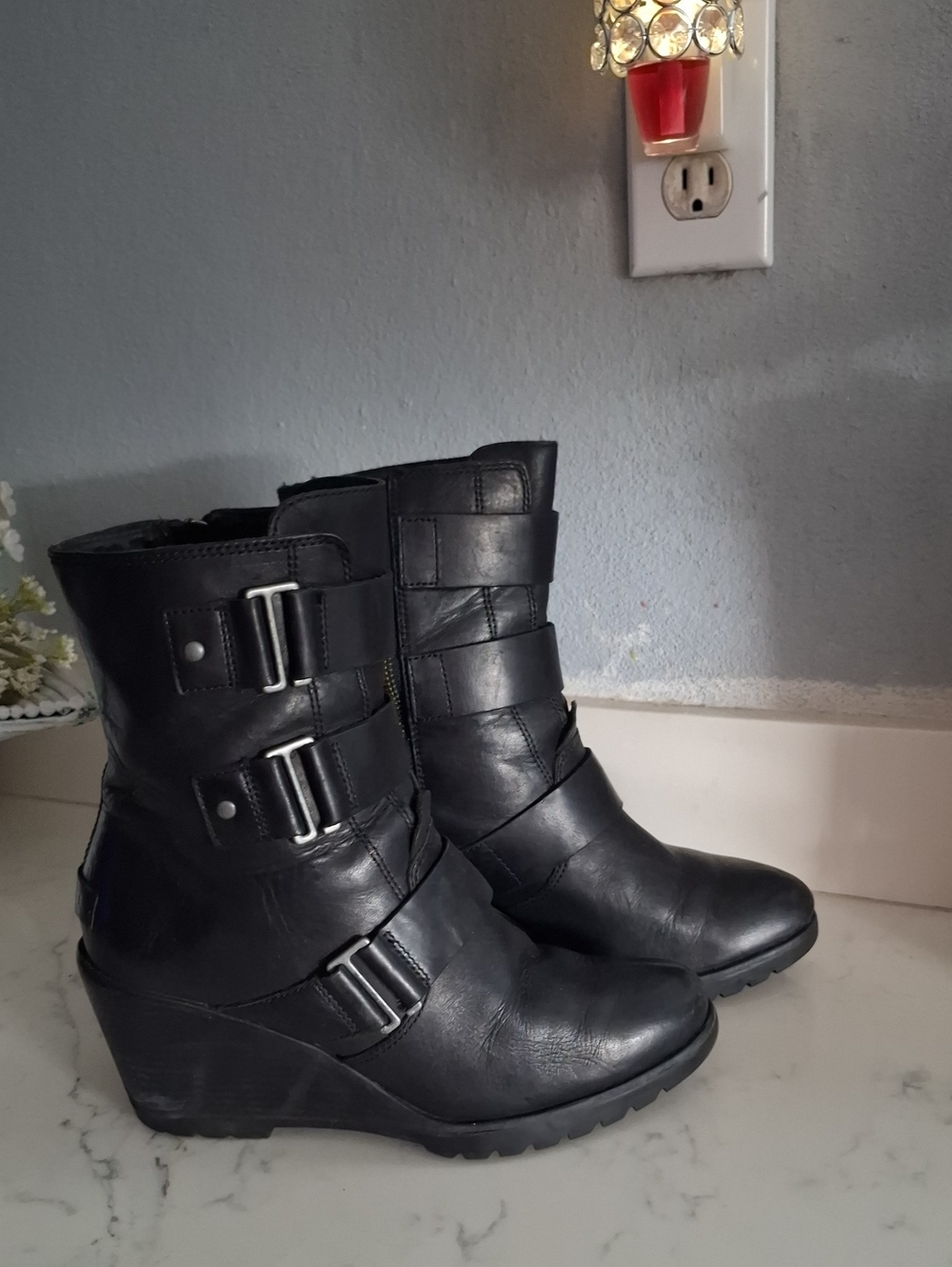 Sorel Black Wedge Ankle Boots with Buckle Straps